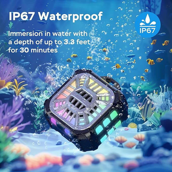 INSMY IP67 Waterproof Bluetooth Speaker, Shower Speaker Portable Small Clip-on, Multi Sync 100+ Speakers, Big Volume Booming Bass, 24H Playtime/Floatable/RGB Lights for Outdoor/Kayak/Beach (Black)