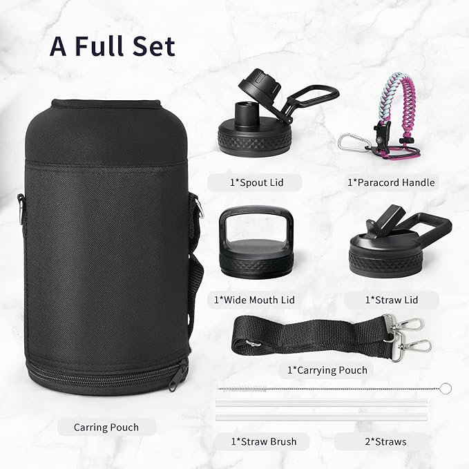 Trebo Insulated Water Bottle 64 oz, Half Gallon Metal Vacuum Water Jug with Paracord Handle and 3 Lids, Leakproof BPA-Free Flask for Gym Sports Hiking Travel, Keep Cold 48 Hours, Rose Red