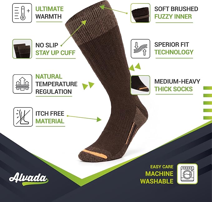 Alvada Merino Wool Hiking Socks Thermal Warm Crew Winter Boot Sock For Men & Women 3 Pairs