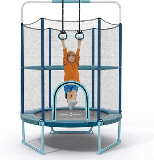GYMAX 5FT Trampoline for Kids, ASTM Approved with Safety Net & Kitten Trapeze Rings, Indoor/Outdoor