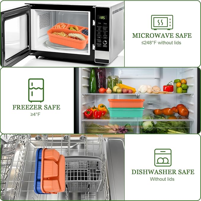 8 Pack Bento Box Lunch Box Container for Adult Kid, 4 Compartment Meal Prep Containers with Lids, Reusable Bento Box Snack Container, Microwave & Dishwasher Safe