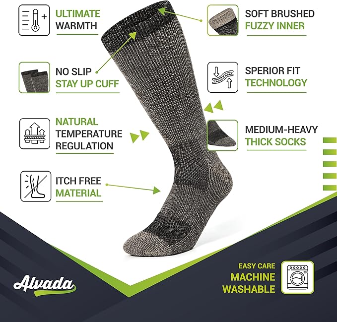 Alvada Merino Wool Hiking Socks Thermal Warm Crew Winter Boot Sock For Men & Women 3 Pairs