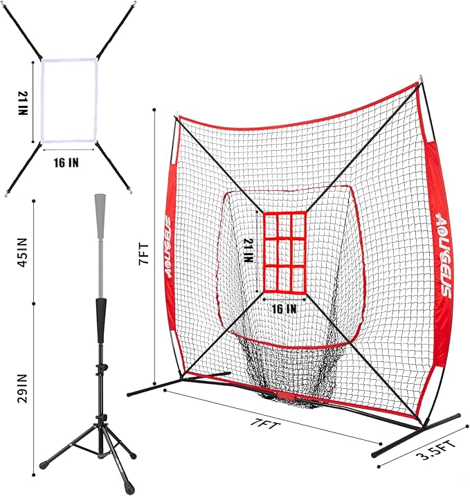 7'X7' Baseball Softball Practice Net,Pitching Net,Batting Net,with Baseball Tee,Bonus Strike Zone and Bow Frame,for Hitting,Pitching, Catching