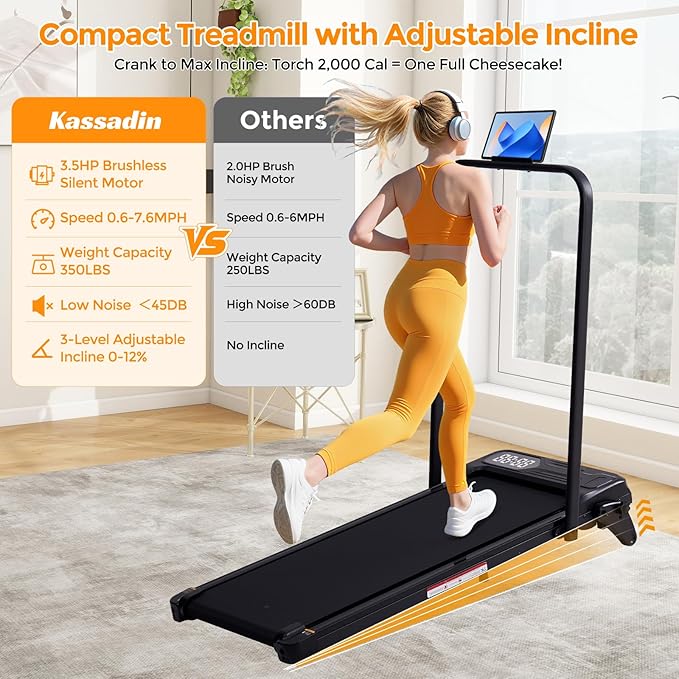 Folding Foldable Walking Pad Treadmill with Handle Bar and Adjustable Incline, 3.5HP Portable Electric Treadmills with Handles for Home Small, Home Treadmills with Incline, 0.6-7.6MPH, 350LBS
