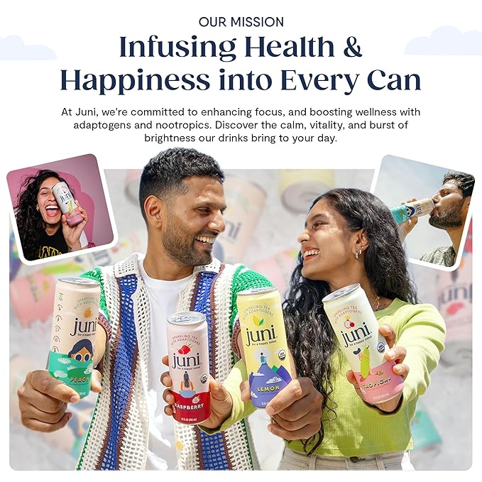 Juni Sparkling Adaptogen Drink with Ashwagandha, Lion’s Mane & Reishi Mushrooms | Green Tea for Focus, Zero Sugar, 5 Calories, Organic | Non Alcoholic Drinks - Lemon 12 pack