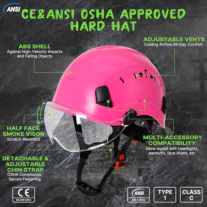 Aolamegs Pink Hard Hats for Women OSHA Approved - ANSI Z89.1 Construction Safety Hard Hat with Clear Visor, Adjustable Vented Cascos De Construccion Work Hardhats, 6 Point Ratcheting Hardhat
