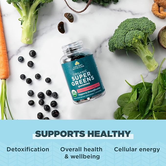 Ancient Nutrition Supergreens Gummy, Organic Superfood Gummy Made from Real Fruits, Vegetables and Herbs, for Digestive and Energy Support, 100 Count, Strawberry Watermelon