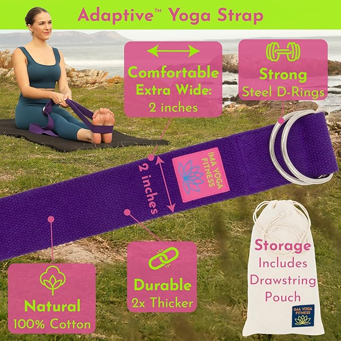 Adaptive Yoga Strap, Stretching Strap, 2 Inches Wide, 100% Naturally Soft Cotton, Steel D-Rings, Includes Natural Cotton Drawstring Storage Pouch and Instructional E-Book