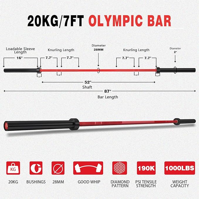 7ft Olympic Barbell for Strength Training and Olympic Weightlifting, 500 700 1000LBS Capacity Available, 2 Inch Bar for Squats, Home Gym Fitness Equipment, Bench Press, Deadlift,Powerlifting
