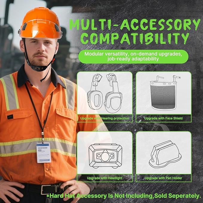 AOLAMEGS Construction Vented Hard Hats -Adjustable Vented Hard Hat with Visor for Men Women ABS Safety Helmet 6-Point Suspension Work Hardhats for Outdoor Height Industrial (Orange Clear Visor)