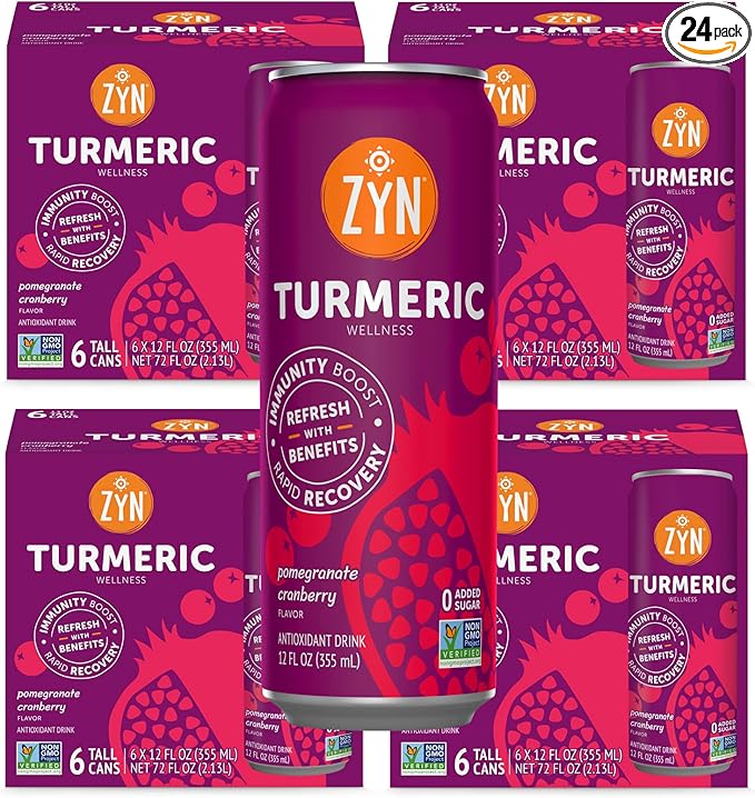 ZYN Turmeric Wellness Drink (24 Pack), Pomegranate Cranberry Flavored Turmeric Curcumin Drink with Black Pepper, No Added Sugar, Low Carb & Low Calorie Drink, Clean Alternative