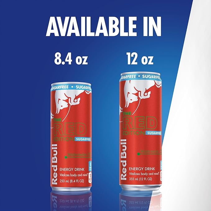 Red Bull Red Edition Sugar Free Energy Drink, Watermelon, with 114mg Caffeine plus Taurine & B Vitamins, 12 Fl Oz, 6 Packs of 4 Cans (Pack of 24)