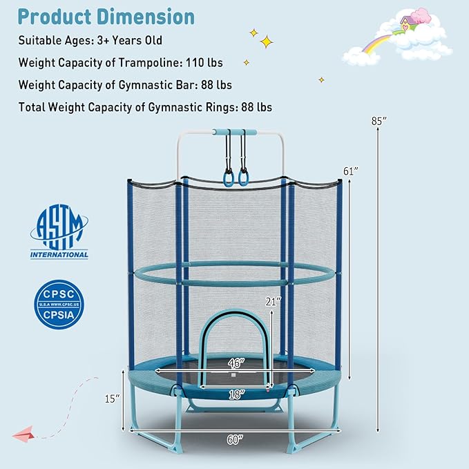 GYMAX 5FT Trampoline for Kids, ASTM Approved with Safety Net & Kitten Trapeze Rings, Indoor/Outdoor