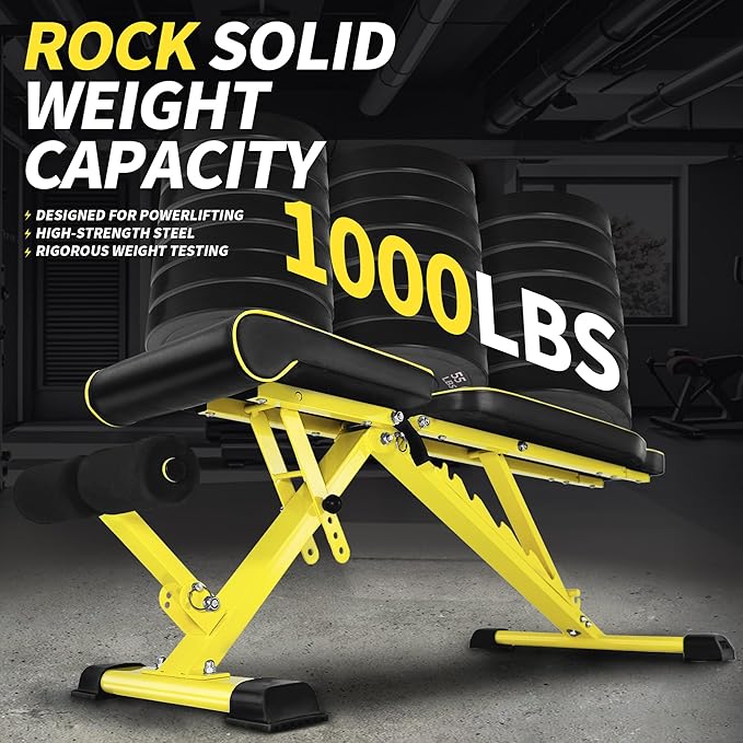 Adjustable Weight Bench,1000 LB Fast Folding Workout Bench for Home Gym Strength Training, Incline Decline Flat Utility Bench Press for Full Body Workout, Upright Storage Yellow Exercise Bench
