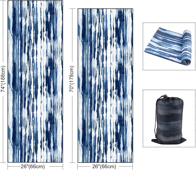 QiyI Yoga Mat Towel with Corner Pockets, Non Slip Sweat Absorbent Hot Yoga Towels, Soft Yoga Blankets with Travel Bag, Skidless Mat Cover for Workout, Gym, Fitness - 70"x26", Blue White Tie Dye