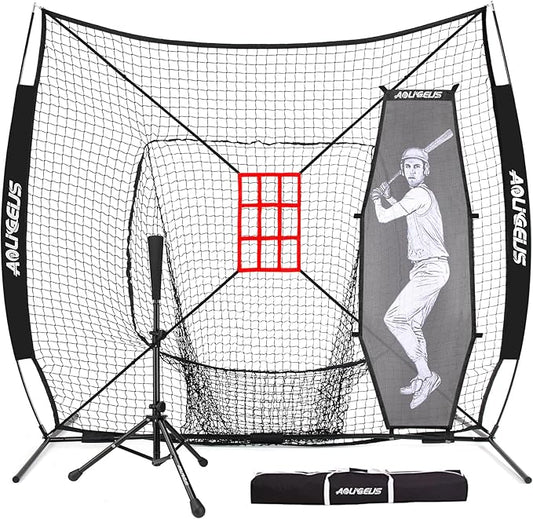 7'X7' Baseball Softball Practice Net,Pitching Net,Batting Net,with Baseball Tee,Bonus Strike Zone and Bow Frame,for Hitting,Pitching, Catching