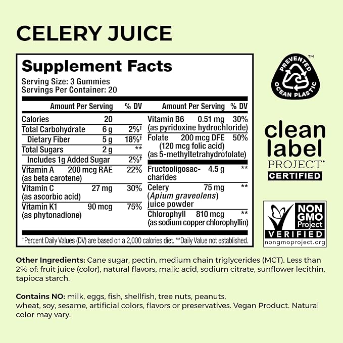 HUM The First Prebiotic Celery Juice Fiber Gummies, Supports Detoxification, A Daily Green Boost Includes Celery Juice, Chlorophyll, Prebiotic Fiber (60-Count)