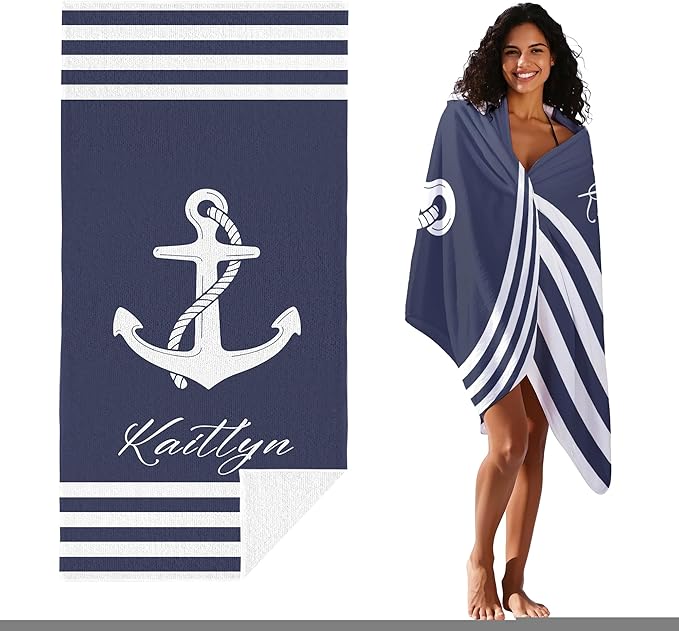JML Personalized Beach Towel with Name, Custom Anchor Beach Towel, Customized Microfiber Pool Towel, Quick Dry & Absorbent Swim Towel for Adult,Anniversary, Birthday, Summer Holiday,Vacation