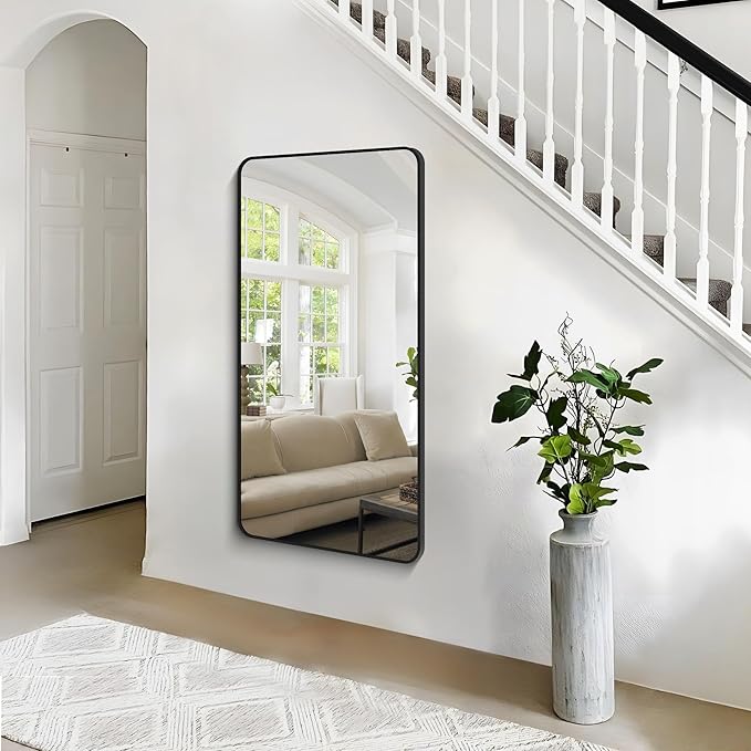 30x55 inch Bathroom Mirror,Black Rectangle Mirror,Wall Mounted Bathroom Frame Vanity Mirror with Round Corner for Bedroom Living Room, Entryway Hangs Horizontal or Vertical