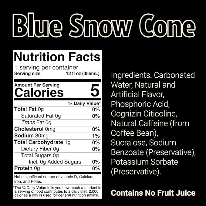 BUM Sugar-Free Energy Drink, Blue Snow Cone - Lightly Carbonated & No Artificial Colors, Natural Caffeine & Citicoline for Energy & Focus, Brain Boost & Workout Sports Beverage - 12 oz, Pack of 12