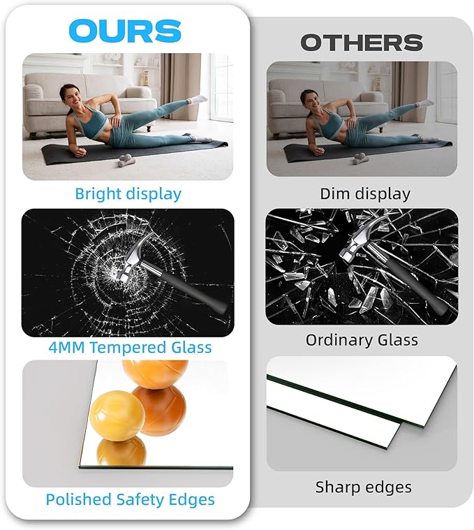 Hasipu 3Pcs 55''x20'' Home Gym Mirror Large Full Length Wall Mounted Full Body Mirror for Yoga Dance Fitness Exercise Studio Bedroom Garage, Frameless Tempered Glass Workout Mirrors Walnut Rectangular