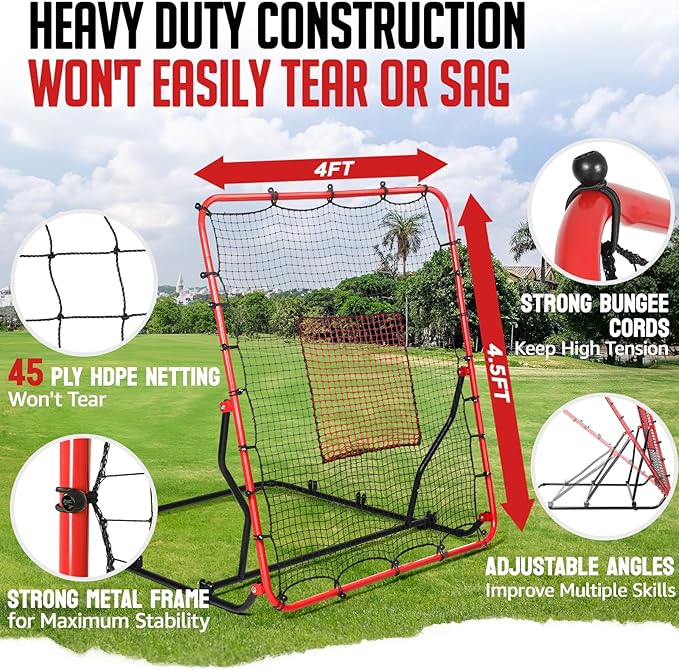 Baseball Rebounder Net, 3/5 Adjustable Angles 4x4.5FT Pitch Back Baseball Softball Volleyball Rebounder with 2 Strike Zones, UV Resistant, Pitchback Trainer for Ground, Line Drive & Fly Balls