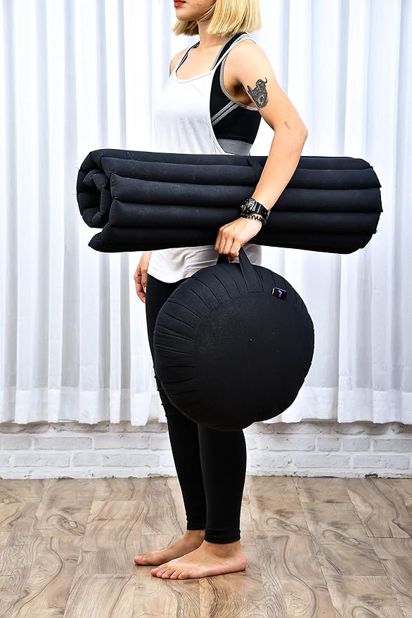Leewadee Meditation Cushion Set – 1 Round Zafu Meditation Pillow and 1 Square Roll-Up Zabuton Meditation Mat, Pillows Bundle Filled with Kapok