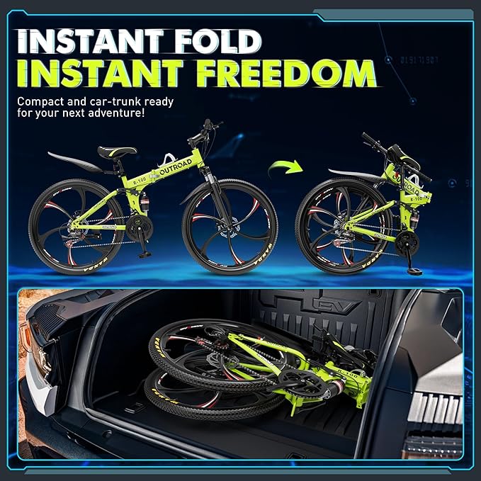 26 Inch Folding Mountain Bike, 21 Speed Full Suspension Bicycle with High-Carbon Steel, Dual Disc Brake Non-Slip Quick Release tire Folding Bicycle for Adults/Men/Women