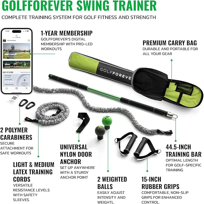 GolfForever Swing Trainer Plus – Golf Fitness & Training System for Strength, Flexibility & Swing Power – Includes 1-Year Membership & Premium Training Bar for Golf-Specific Workouts
