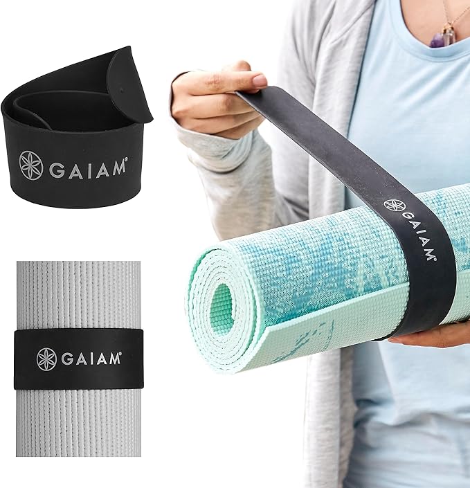 Gaiam Yoga Mat Strap Slap Band - Keeps Your Mat Tightly Rolled and Secure with One Snap - Strong Clasp for Yoga Mat Storage and Travel - Fits Most Size Mats (20"L x 1.5"W), Black