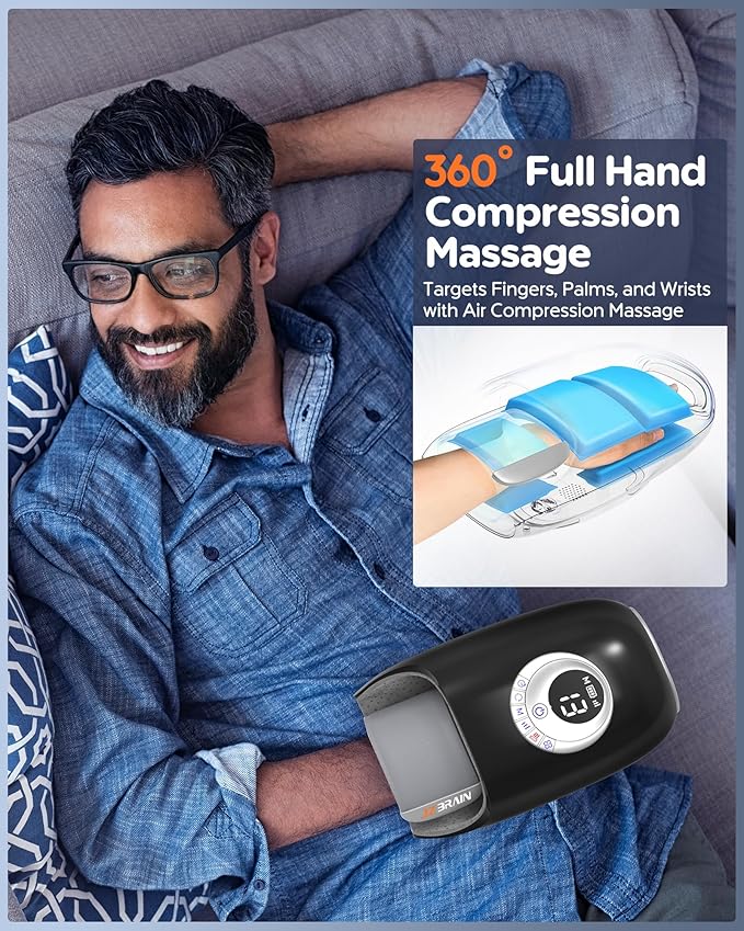 Hand Massager with Heat and Compression : Full Hand and Wrist Massage with Palm Kneading Rollers - Gifts for Arthritis Pain Relief Relaxation & Circulation - HSA or FSA Eligible