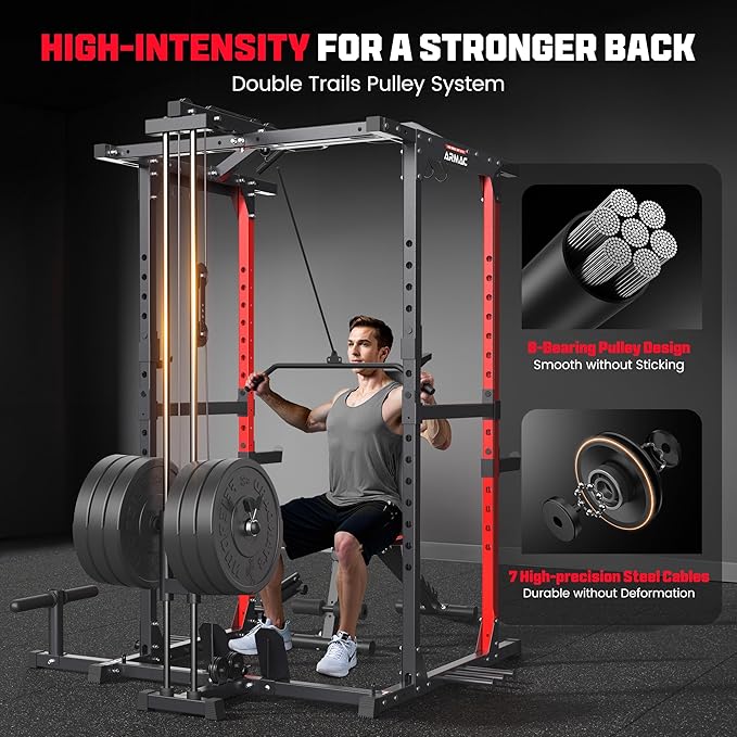 ARMAC Power Cage,1500lbs Multi-Function Power Rack with Adjustable Cable Crossover System and More Training Attachment, Weight Cage for Home Gym