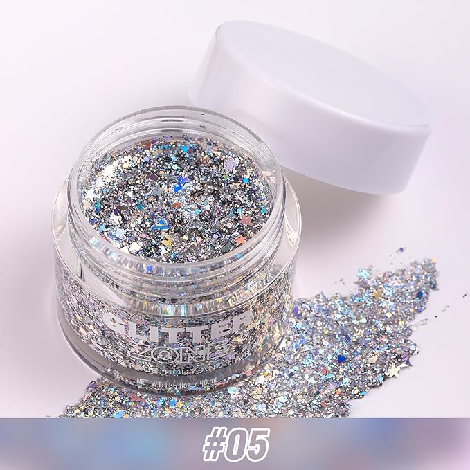 LANGMANNI Holographic Body Glitter Gel for Body, Face, Hair and Lip.Color Changing Glitter Gel Under Light. Vegan & Cruelty Free-1.35 oz (5# Silver Fantasy)