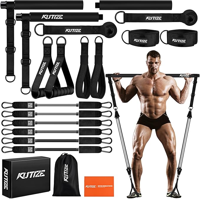 Pilates Bar Kit with Resistance Bands, Heavy Duty Pilates Equipment for Men, Strength Training Bar for Legs, Hip, Back, Arm, Abs, Chest, Shoulders, Portable Home Gym Full Body Workout Equipment