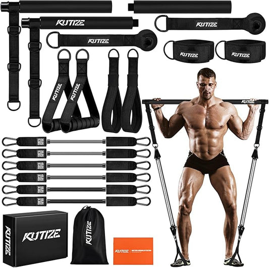 Pilates Bar Kit with Resistance Bands, Heavy Duty Pilates Equipment for Men, Strength Training Bar for Legs, Hip, Back, Arm, Abs, Chest, Shoulders, Portable Home Gym Full Body Workout Equipment