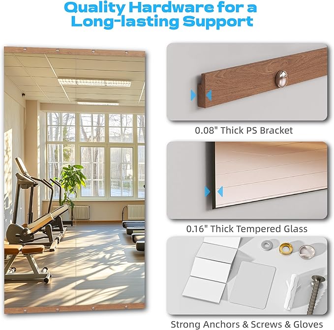 Hasipu 2Pcs 55''x20'' Home Gym Mirror Large Full Length Wall Mounted Full Body Mirror for Yoga Dance Fitness Exercise Studio Bedroom Garage, Frameless Tempered Glass Workout Mirrors Walnut Rectangular