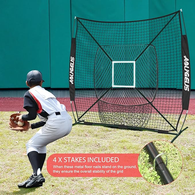 7'X7' Baseball Softball Practice Net,Pitching Net,Batting Net,with Baseball Tee,Bonus Strike Zone and Bow Frame,for Hitting,Pitching, Catching