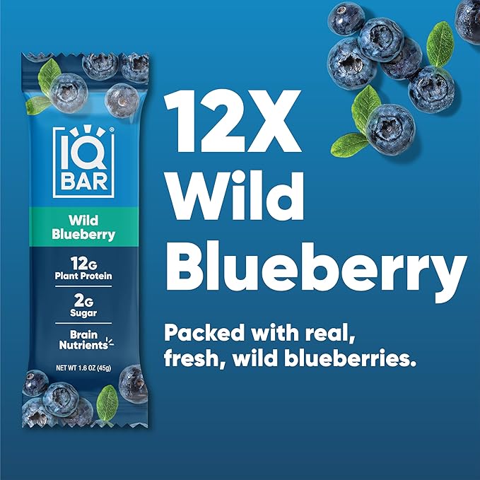 IQBAR Brain and Body Plant Protein Bars - Wild Blueberry - 12-Count Low Carb - Gluten Free, High Fiber, Vegan Snacks - Low Sugar Meal Replacement