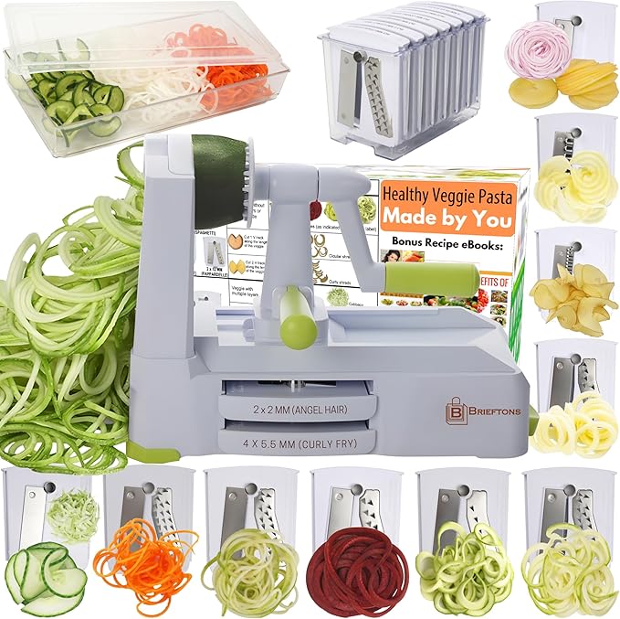 Brieftons 10-Blade Vegetable Spiralizer: Strongest-Heaviest Duty Spiral Slicer, Best Veggie Pasta Spaghetti Maker for Low Carb/Paleo/Gluten-Free, With Container, Lid, Blade Caddy, 4 Recipe Ebooks