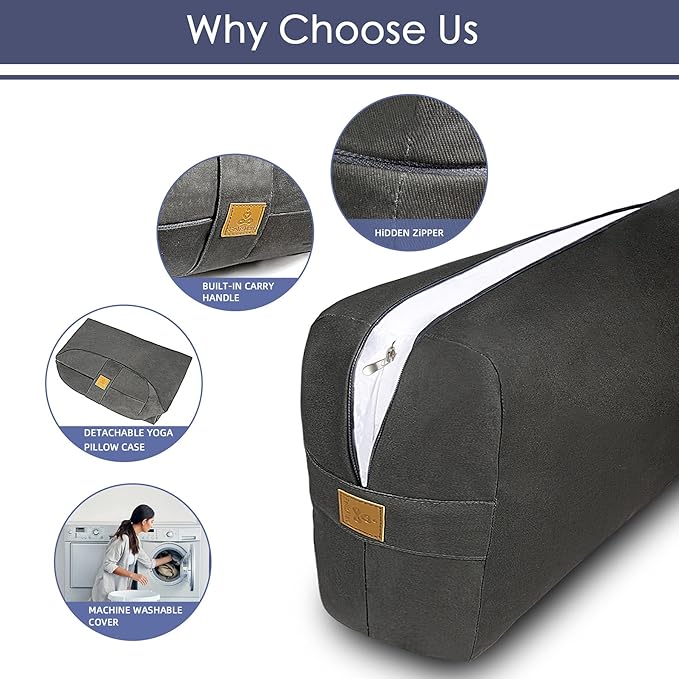 Yoga Bolster (26x10.5x5.5 in) Supportive Yoga Cushion for Restorative Yin Yoga Accessories Rectangular Bolster for Stretching Meditation Pillow 100% Organic Cotton Removable Washable Cover