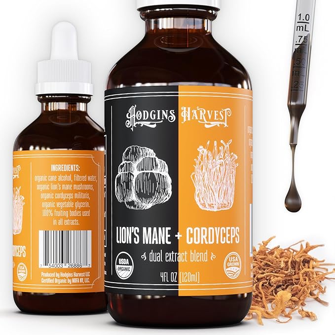 Hodgins Harvest Organic Lion’s Mane + Cordyceps Tincture | Made with Mushrooms Grown On Our Farm in The USA | Dual Extract | Extra-Concentrated (4 fl oz)