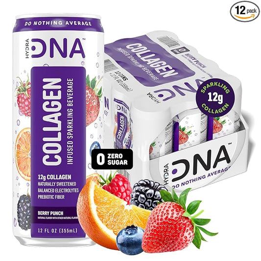 HYDRADNA- Sparkling Liquid Collagen Protein Water Drink Balanced Nutrients for Wellness - Sugar-Free - Keto-Friendly - No Gluten (12 Pack) Berry Punch