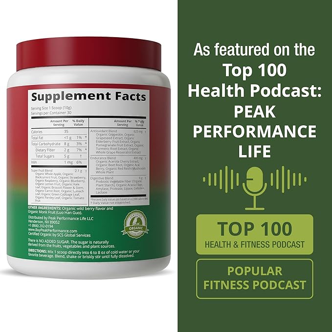 Peak Performance Organic Reds Superfood Powder, Best Tasting Organic Red Juice Super Food w/ 25+ All Natural Ingredients & Polyphenols, Vital for Max Energy and Detox. Raspberry, Elderberry, Beetroot
