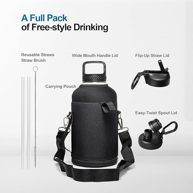 Coolflask 64 oz Insulated Water Bottle with Straw&3 Lids, Half Gallon Insulated Water Jug Galaxy Large Metal Stainless Steel Flask for Gym, Sports and Office, Keep Cold 48H Hot 24H, Starry Night