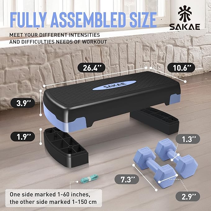 Aerobic Stepper Set with Dumbbells & Measuring Tape, Adjustable Height 2 Level Risers Workout Exercise Step Platform, 4 Colors, the Ultimate Gift for a Joyful Holiday and Merry Christmas