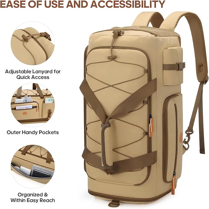 Gym Bag for Men and Women with Shoe & Laptop Compartment, 3-in-1 Sports Travel Duffel Bag Anti-Theft Weekender Carry-On Backpack for Airplane & Workout, Overnight Travel Bag,35L (Khaki, Medium)