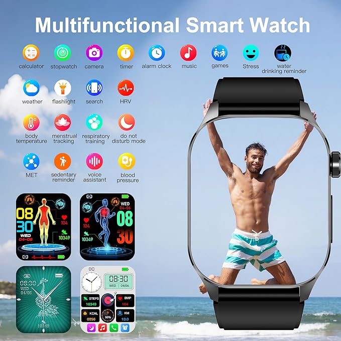 Advanced Health Smartwatch for Women Men with Real-Time Monitoring of Heart Rate, Blood Oxygen, Body Temperature, Blood Pressure, Sleep Quality and Stress Levels, Always-On Display, for Android & iOS