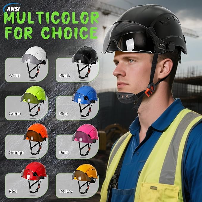 Aolamegs Construction Hard Hats for Adults - Hard Hats Construction OSHA Approved with Smoke Visor for Men Women, ANSI Z89.1 Vented Safety Helmet, Hard Hat with Chin Strap,6 Point Suspension （Black