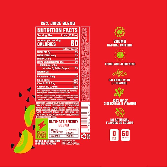Gorilla Energy Drink, Watermelon Melon, 200mg Natural Caffeine, Real Fruit Juice Squeezed & Concentrated, L-Theanine, Taurine, Ginseng, Acetyl L-Carnitine, No Added Sugar and No Artificial Colors, 12 Pack