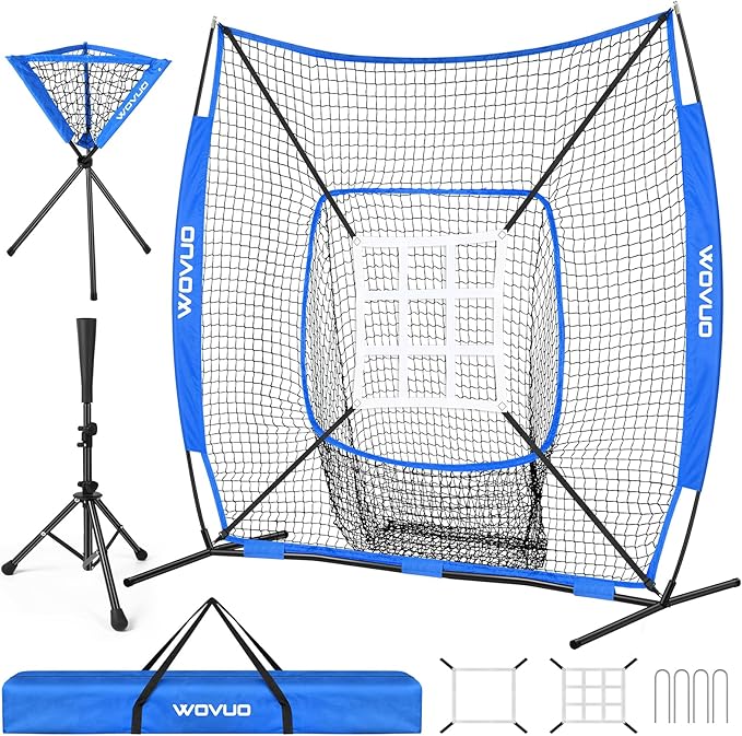 7x7 ft Baseball Net for Batting Pitching Hitting, Softball Pitching Net with Strike Zone, Tee, Ball Caddy, Softball Batting Net Baseball Training Equipment for Kids Adult Youth Sport Practice
